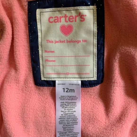 Carter's Little Girls Parka Winter Coat Size 12 Months Navy Fur Trim Hooded Coat - Picture 8 of 9